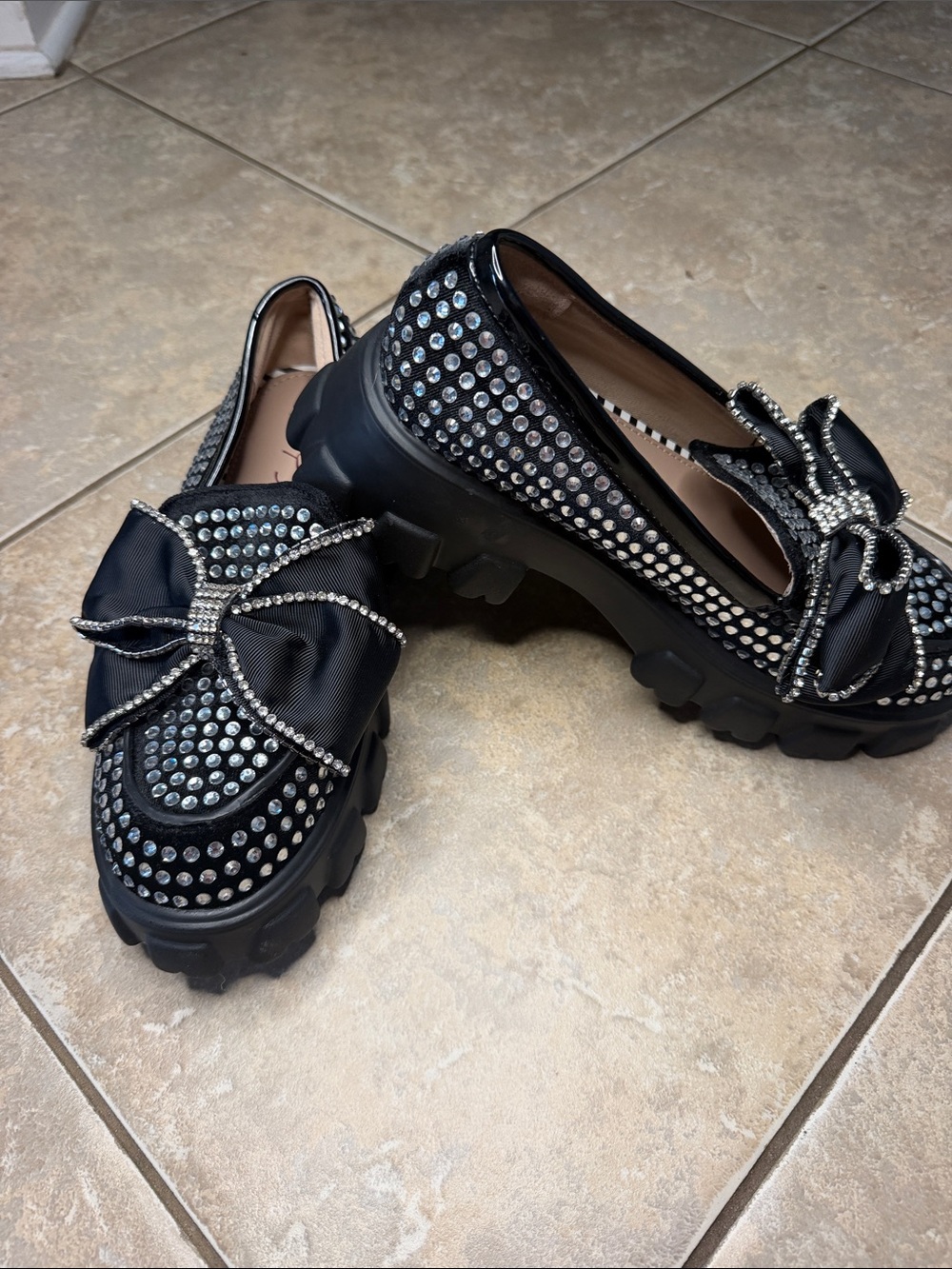 Betsey Johnson Embellished Black Bow Platform Loafers with Rhinestone Detailing